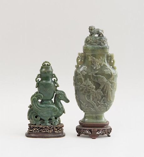 CHINESE RELIEF-CARVED JADE VASE AND COVER AND A JADE VASE AND COVER