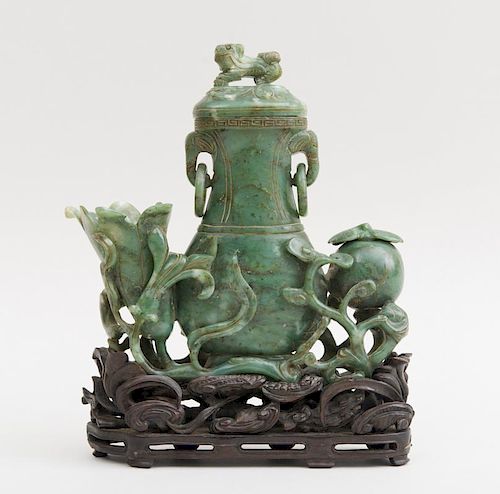 CHINESE CARVED JADE PEAR-FORM VASE AND COVER