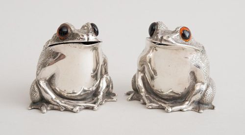 PAIR OF ENGLISH SILVER FROG-FORM MUSTARD POTS WITH GLASS EYES, ASPREY