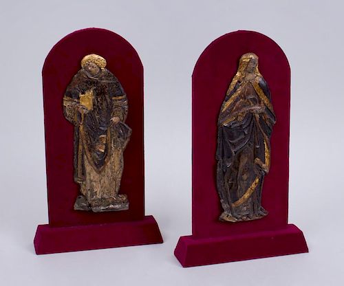 PAIR OF SOUTH GERMAN GILT, SILVERED AND PAINTED COPPER RELIEFS OF THE VIRGIN AND AN APOSTLE