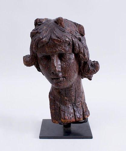 ITALIAN BAROQUE STAINED AND CARVED WOOD HEAD OF APOLLO