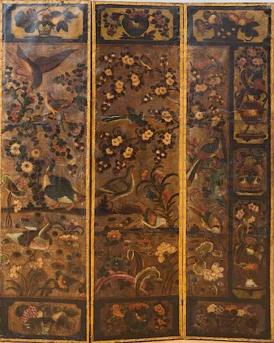 DUTCH BAROQUE EMBOSSED AND PAINTED LEATHER SIX-PANEL SCREEN