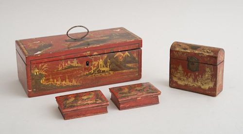 FOUR FRENCH RED JAPANNED WOOD BOXES