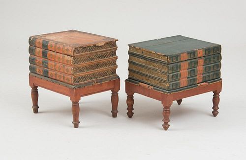 TWO SIMILAR FRENCH FAUX MARBLE PAINTED AND PAPER END TABLES