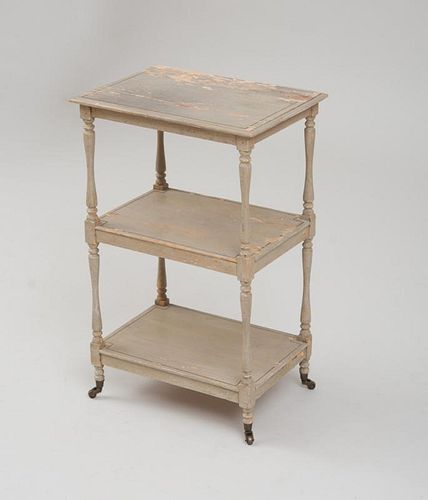 CONTINENTAL GRAY PAINTED THREE-TIERED ÉTAGÈRE, POSSIBLY FRENCH