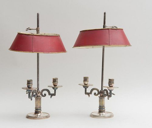 PAIR OF DIRECTOIRE STYLE SILVER-ON-BRASS TWO-LIGHT BOUILLOTTE LAMPS WITH TÔLE SHADES