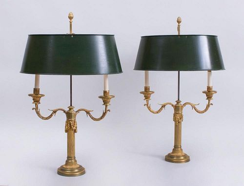 PAIR OF LOUIS XVI STYLE GILT-BRONZE TWO-LIGHT CANDELABRA WITH GREEN TÔLE SHADES