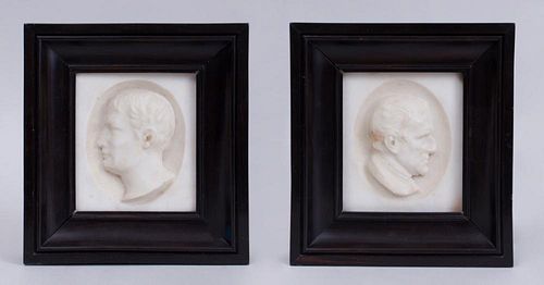 PAIR OF CONTINENTAL CARVED CARRARA MARBLE OVAL RELIEF PORTRAITS OF NAPOLEON AND  WELLINGTON