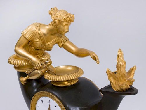 EMPIRE ORMOLU AND BRONZE MANTLE CLOCK IN OIL-LAMP FORM CASE