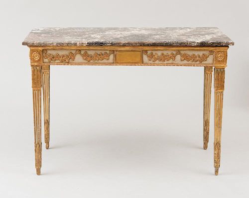 ITALIAN NEOCLASSICAL CELADON PAINTED AND PARCEL-GILT CONSOLE TABLE