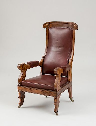 LATE CHARLES X INLAID MAHOGANY TALL BACK ARMCHAIR, POSSIBLY GERMAN