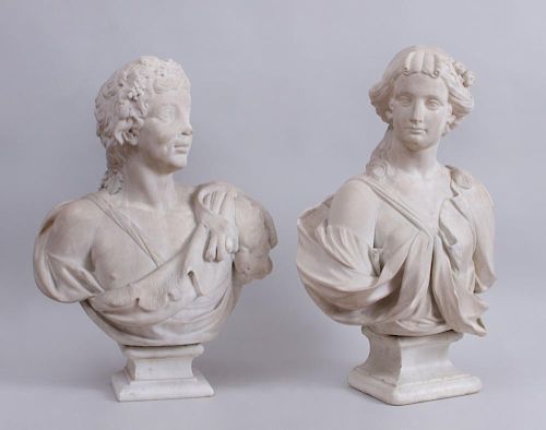 ITALIAN BAROQUE STYLE CARVED MARBLE BUST OF BACCHUS AND THE BUST OF A GODDESS