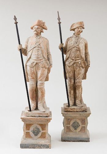 TWO FRENCH MOLDED TERRACOTTA FIGURES OF SOLDIERS