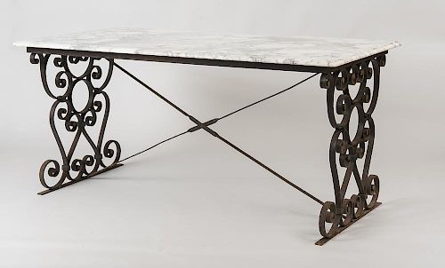 BAROQUE STYLE MARBLE TOP DINING TABLE WITH IRON BASE
