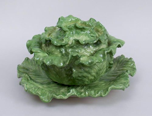 GLAZED POTTERY CABBAGE LEAF TUREEN, COVER AND STAND, 20TH CENTURY