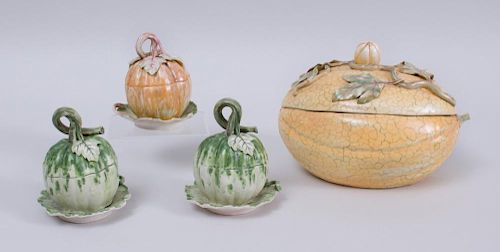 THREE VLADIMIR KANEVSKY GLAZED POTTERY MELON-FORM SAUCE TUREENS, COVERS AND STANDS AND A LARGE MELON-FORM TUREEN AND COVER