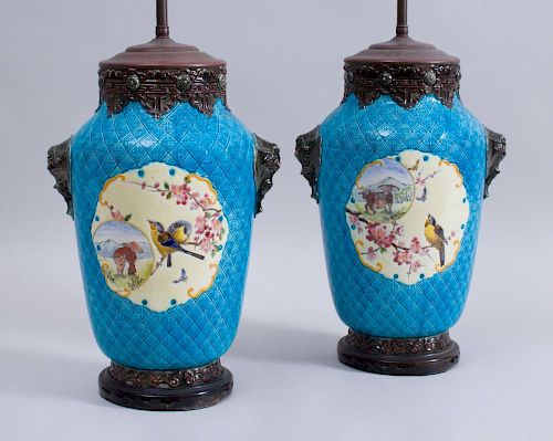PAIR OF CONTINENTAL AESTHETIC MOVEMENT MAJOLICA VASES, MOUNTED AS LAMPS