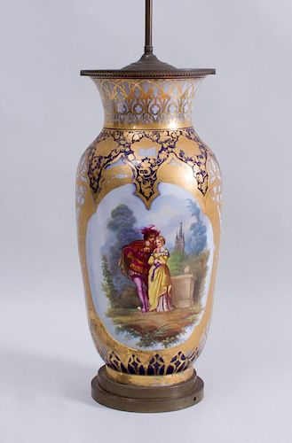 FRENCH PAINTED OPALINE GLASS BALUSTER-FORM VASE, MOUNTED AS A LAMP