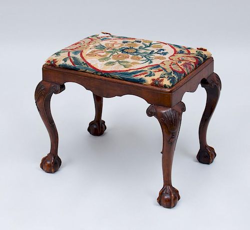 GEORGE III STYLE CARVED BEECH AND WALNUT STOOL
