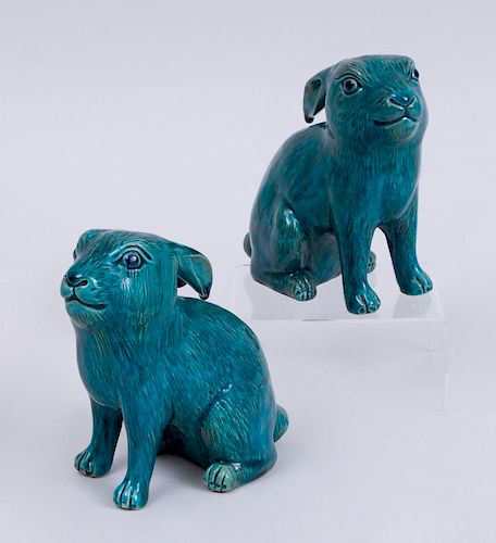 PAIR OF CHINESE EXPORT TURQUOISE-GLAZED POTTERY FIGURES OF SEATED RABBITS