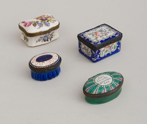 TWO SOUTH STAFFORDSHIRE ENAMEL OVAL TRIFLE BOXES, A BATTERSEA ENAMEL RECTANGULAR BOX AND A FRENCH FLORAL-DECORATED GILT-METAL