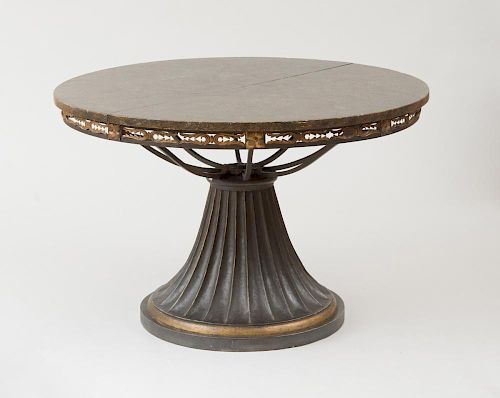 REGENCY STYLE PAINTED AND PARCEL-GILT TIN, CAST-IRON AND WOOD EXTENSION DINING TABLE
