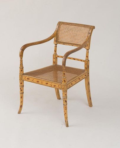 REGENCY FAUX PAINTED AND CANED ARMCHAIR