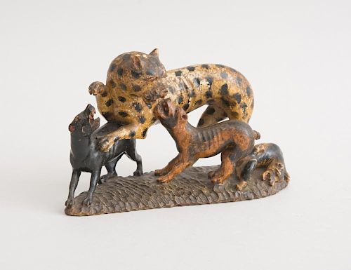 ENGLISH CARVED AND PAINTED WOOD ANIMALIER GROUP