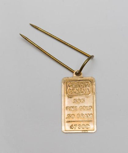 SWITZERLAND(?), unmarked gold plate, 61 x 24 mm; 
(accompanying envelope indicates .750 fine), 26 g.,
edge bent, but essentia
