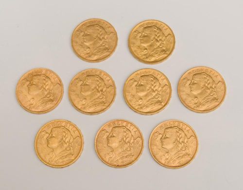 SWITZERLAND, 20 francs (9), 1909, 1910, 1912, 
1922 (5), 1935 (KM 35.1), about uncirculated or
better