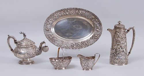ASSEMBLED AMERICAN REPOUSSÉ SILVER FOUR-PIECE TEA AND COFFEE SERVICE AND A SMALL JENKINS AND JENKINS TRAY