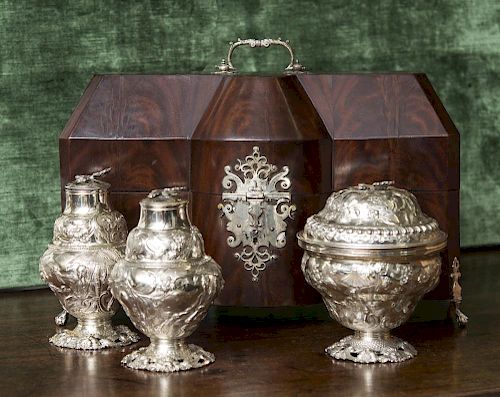 EARLY GEORGE III SILVER THREE-PIECE TEA CADDY SET IN FITTED SILVER-MOUNTED MAHOGANY CASE