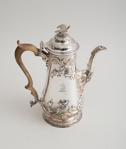 GEORGE II CRESTED SILVER COFFEE POT