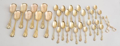 GROUP OF GEORGE III CRESTED SILVER GILT FLATWARE