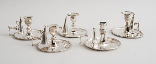 PAIR OF GEORGE III SILVER CHAMBER CANDLESTICK AND THREE SINGLE CHAMBER CANDLESTICKS
