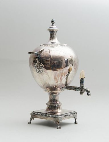 GEORGE III ENGRAVED SILVER OVOID HOT WATER URN WITH ARMORIAL