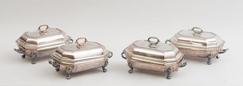 SET OF FOUR ENGLISH CRESTED SILVER-PLATED ENTRÉE DISHES AND COVERS ON WARMING STANDS WITH REMOVABLE LINERS