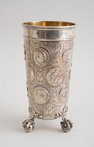 GERMAN BAROQUE STYLE COIN-MOUNTED 925 SILVER TRIPOD-FOOTED BEAKER