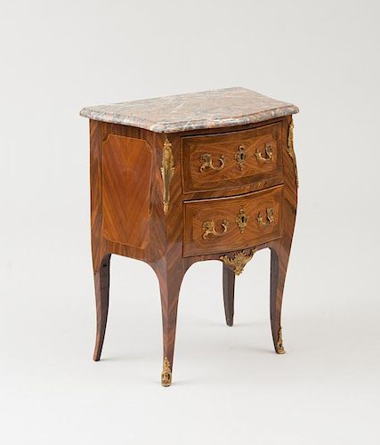 SMALL LOUIS XV ORMOLU-MOUNTED KINGWOOD AND TULIPWOOD PARQUETRY PETIT COMMODE