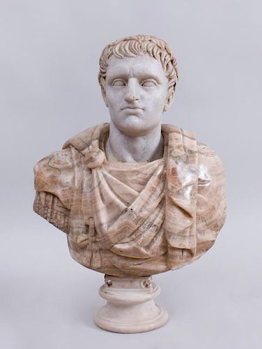 ITALIAN CARVED MARBLE BUST OF AN EMPEROR WITH ALABASTER CLOAK