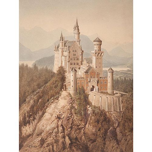 Castle of Neuschwanstein, Bavaria Watercolor by Adolf Hitler