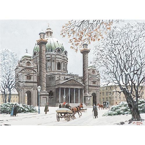 Karlkirche in Vienna Watercolor Painting by Adolf Hitler