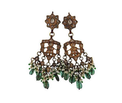 Indian 22k Gold Diamond Pearl Green Stone Enamel Earrings