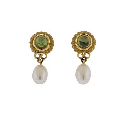 18K Gold Green Stone Pearl Drop Earrings