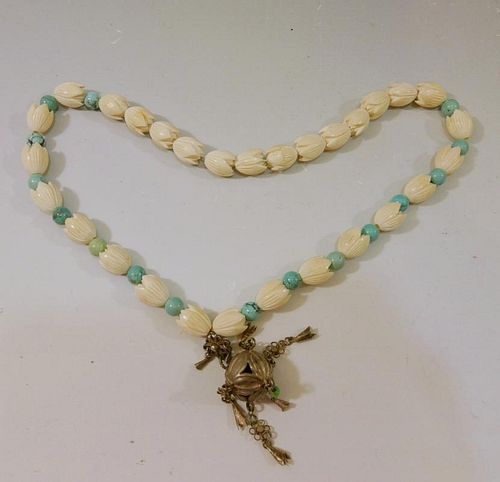 ANTIQUE CHINESE CARVED BEADS AND TURQUOISE NECKLACE