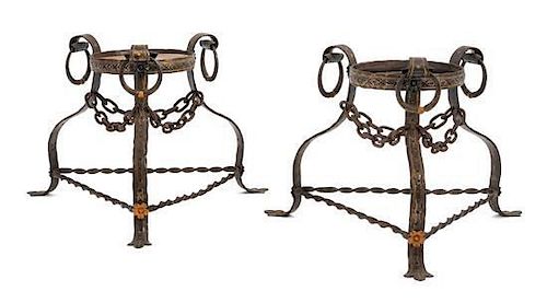 * Style of Samuel Yellin (American, 1885-1940), FIRST HALF 20TH CENTURY, a pair of iron planters, each of tripod form with tw