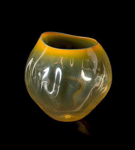 * Dale Chihuly, (American, b. 1941), Mango Basket with Teal Lip Wrap