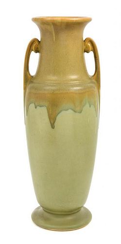 Roseville, c.1926, a tall twin-handled Carnelian I vase