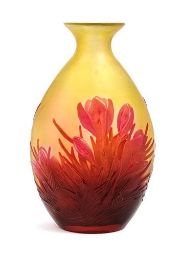 * Emile Galle, (French, 1846-1904), a mold blown cameo glass vase, with crocus decoration