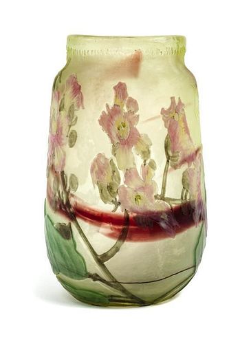 * Burgun & Schverer, EARLY 20TH CENTURY, a cameo glass vase, of flattened ovoid form with floral decoration